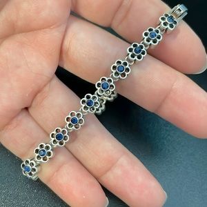 Beautiful Blue Jeweled Pave Flower Silvertone Clasp Statement Bracelet